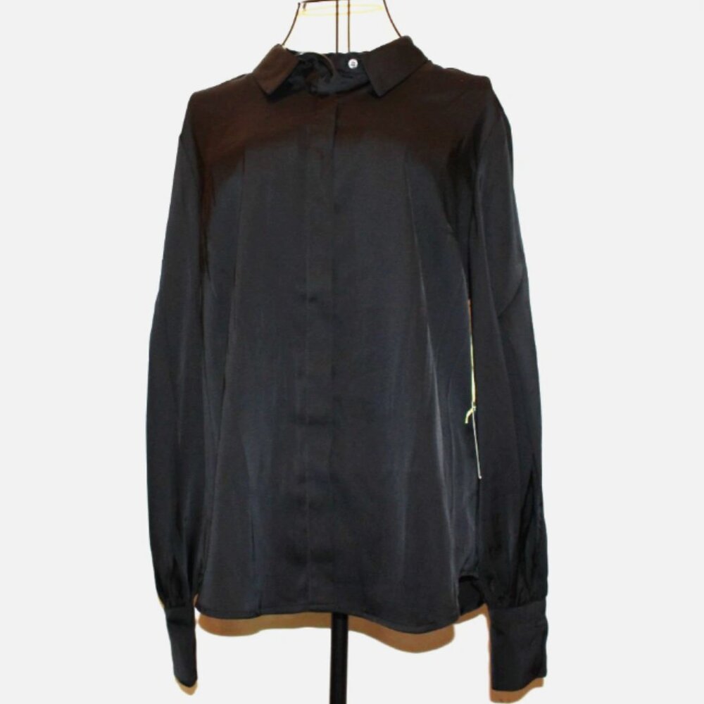 Black Satin Blouse Button Front Shirt Long Sleeve Top CeCe M NWT Puff Sleeves - Picture 2 of 8